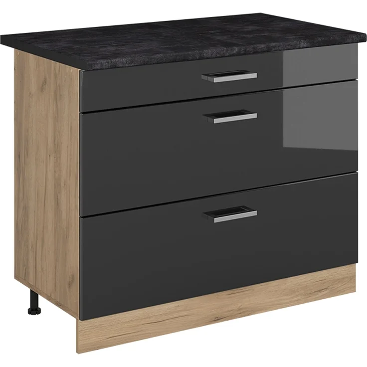 Küchenunterschrank R-Line Anthrazit Hochglanz/Goldkraft Eiche 100 cm Arbeitsplatte Anthrazit Vicco – Bild 1