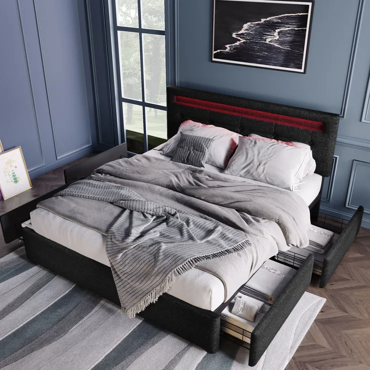 Doppelbett mit LED-Kopfteil & 4 Schubladen, Leinen, 140x200 cm, Schwarz, ohne Matratze