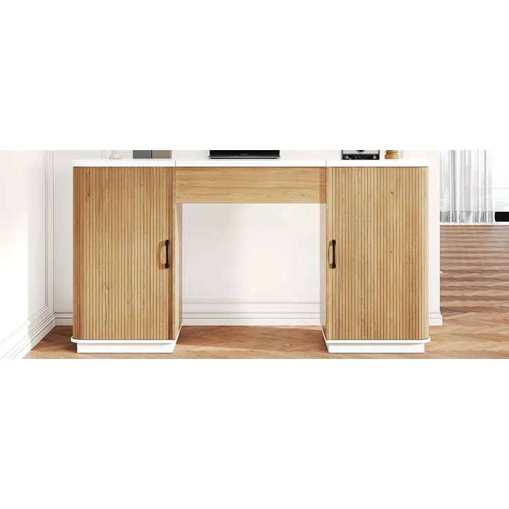 ZUBALIYA Höhenverstellbarer Schreibtisch, 140 × 50 cm, mit großzügigem Stauraum, ausgestattet mit 2 Schubladen und 2 offenen Fächern, Computertisch, Schminktisch, weiß/Eichenoptik, mit Streifenmuster – Bild 18
