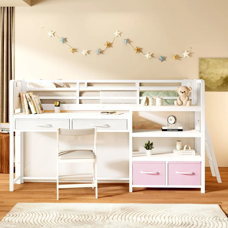EINHOM Hochbett 90 x 200 cm mit Schreibtisch, Stauraum und Stoffschubladen, Kinderbett aus Metall mit Vorhang, mehrschichtigem Regal und LED-Licht, Weiß (Ohne Matratze) – Bild 5