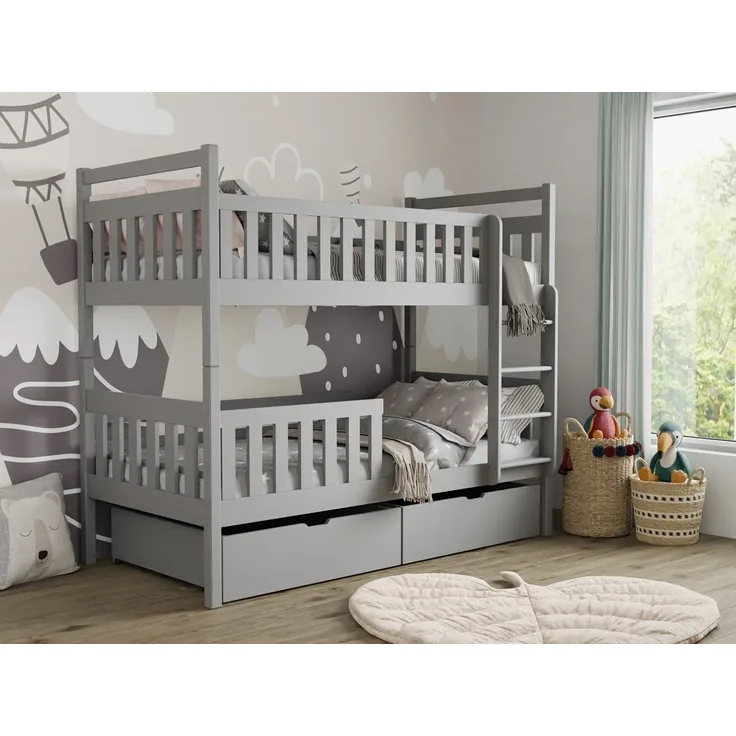 Deine Möbel 24 Etagenbett MICO für 2 Kinder 90x200 GRAU Hochbett Kinderbett aus Massivholz (Matratzen optional, Bett mit Lattenrost, 2 Schubladen, Leiter und Rausfallschutz), aus Vollholz Kiefernholz, in 2 Einzelbetten umbaubar