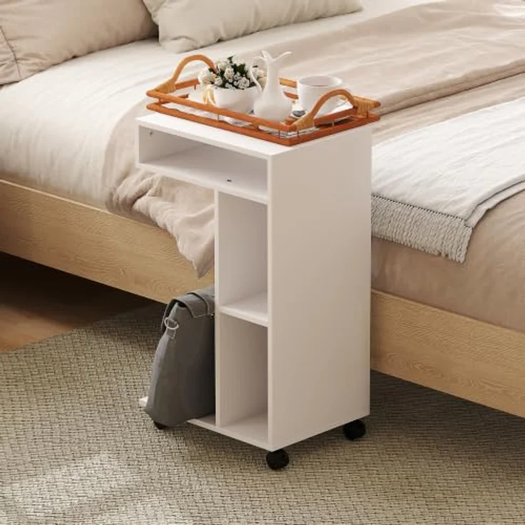 HOMCOM Beistelltisch C-Form Nachttisch mit 4 Regalen, Rollen, Couchtisch, Wohnzimmertisch Laptoptisch für Wohnzimmer Schlafzimmer 40 x 30 x 69 cm Weiß – Bild 8
