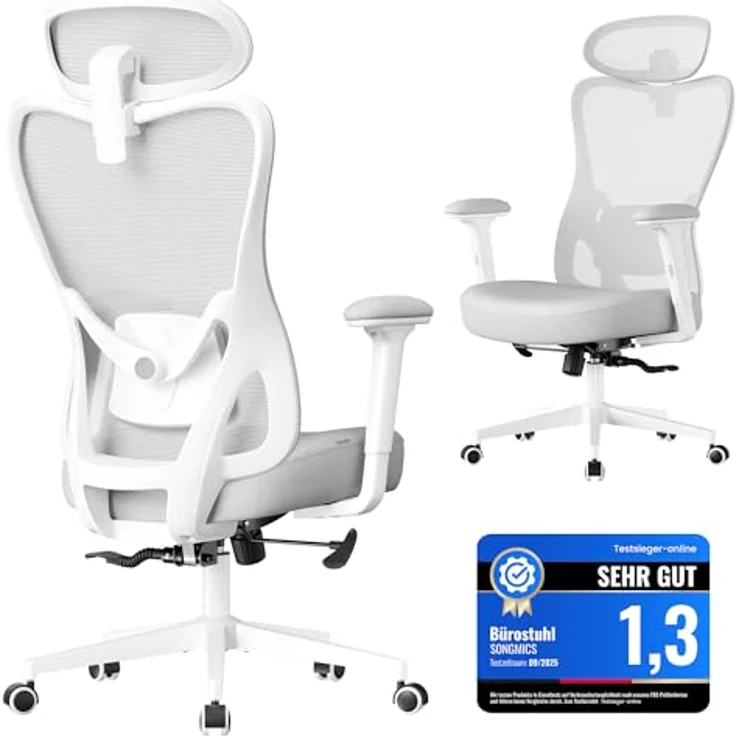 SONGMICS Bürostuhl ergonomisch, Schreibtischstuhl, Computerstuhl, verstellbare Lenden- und Kopfstütze, bis 150 kg belastbar, höhenverstellbar, Taubengrau OBN066GD01 – Bild 2