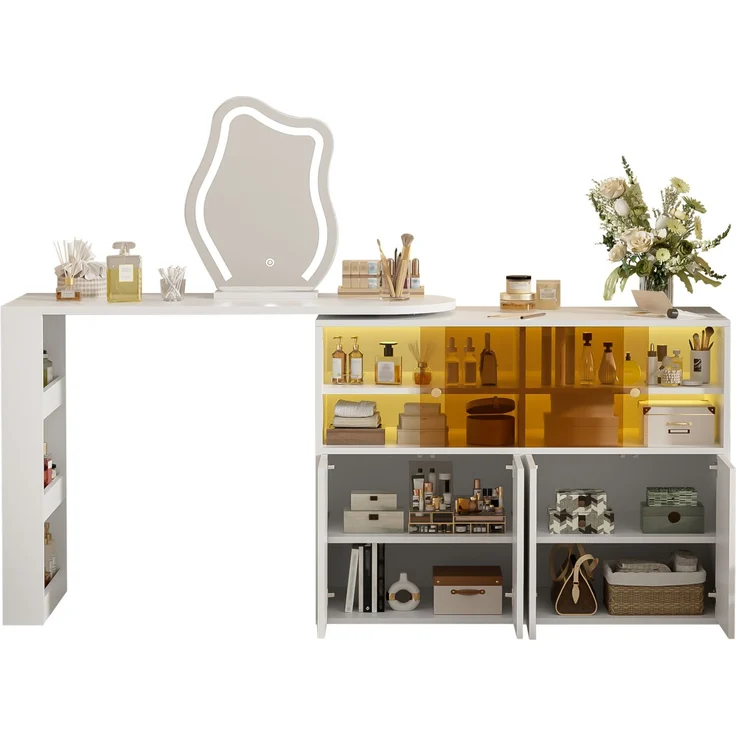 Schminktisch 177x40x131,5 cm mit drehbarer Tischplatte, LED-Spiegel und Stauraum, Weiß – Bild 7