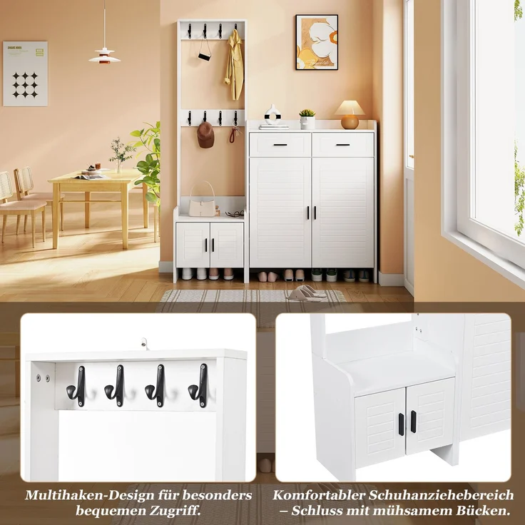 Faumrta Garderoben- und Schuhschrank-Set für den Eingangsbereich mit 2 Schubladen, 2 Schranktüren, 6 Ablagen und 8 Haken. Ideal für Flur und Eingangsbereich. Farbe: Weiß,125*36*165CM125CM*32CM*165CMWeißMDF (Medium-Density-Faserplatte) – Bild 5