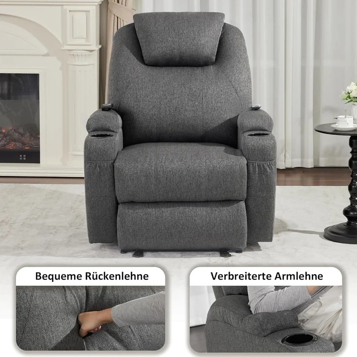 MCombo Elektrisch Relaxsessel Massagesessel Fernsehsessel 7061, mit Liegefunktion, mit Vibration Heizung, Stoff, Grau, 92 x 92 x 109 cm – Bild 7