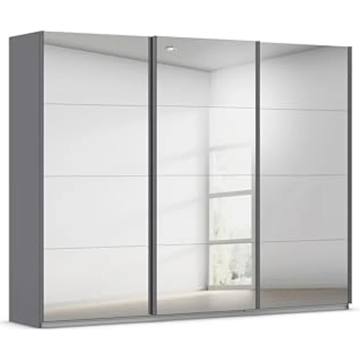 Rauch Möbel Kulmbach, Kleiderschrank mit Schwebetüren für Schlafzimmer, Kinderzimmer, Jugendzimmer, Garderobe, Flur, 3-türig, mit Spiegel, Zubehör Basic, Farbe Grau metallic, Schwarz, Breite 271 cm – Bild 1