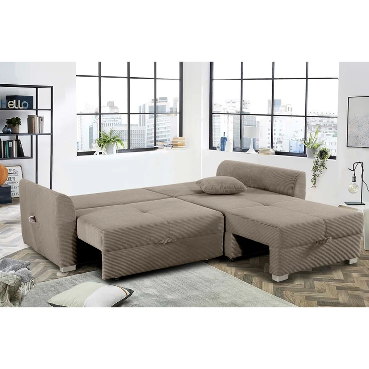 Ecksofa L-Form Couch Polsterecke Schlaffunktion Bettkasten in Cord Braun Taupe – Bild 5
