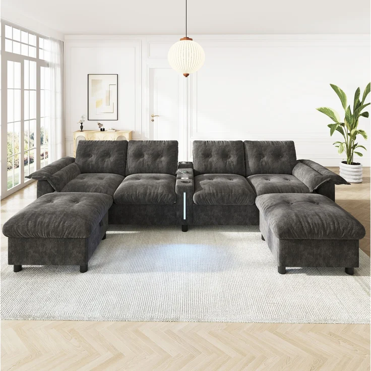 Modulares Ecksofa 312x142x82 cm für 6–7 Personen mit 2 Stauraum-Hockern, Chenille, Grau – Bild 2