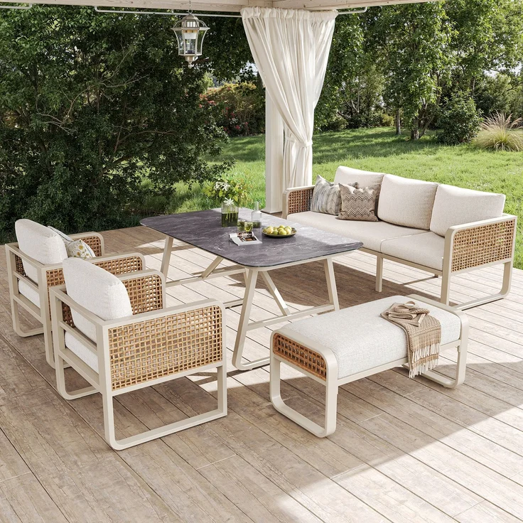 Merax Gartenlounge-Set für 6-7 Personen, PE-Rattan Sitzgruppe inkl. Beistelltisch, Gartensofa mit waschbaren Kissen, Beige – Bild 3