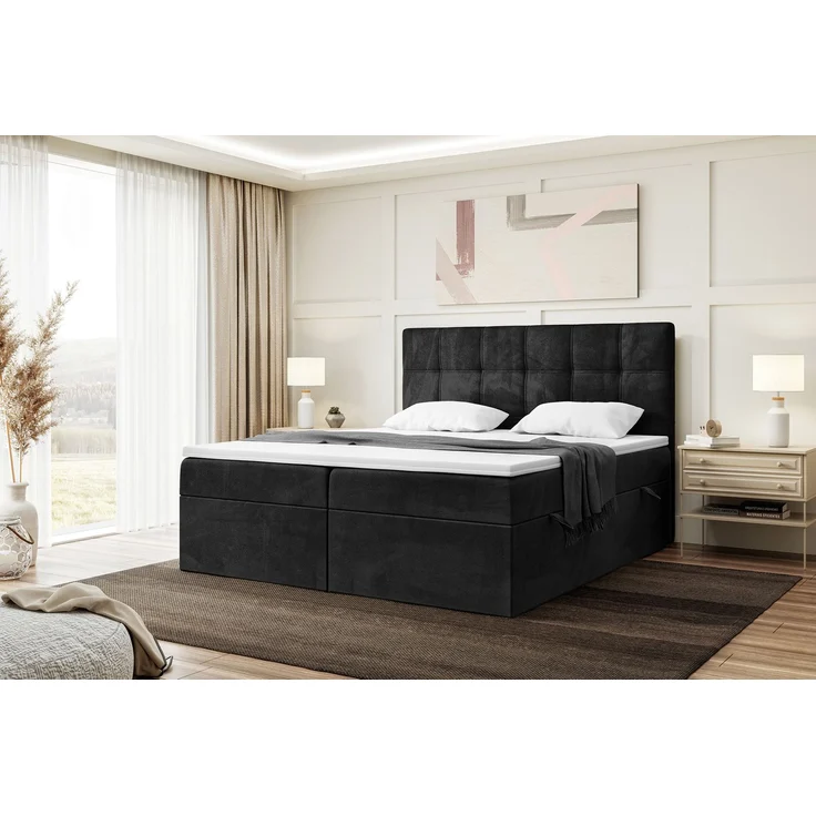 MEBLINI Boxspringbett KAI 200x220cm - H4/Schwarz Samt - mit Bettkasten - Gepolstert Doppelbett mit Matratze und Topper - Polsterbett mit Stauraum - Bett mit Kopfteil - Stauraumbett – Bild 1