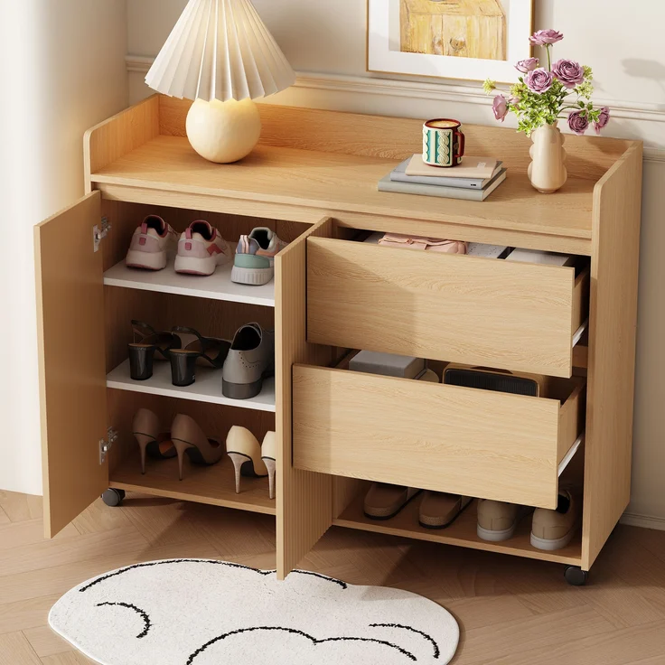 Schuhschrank aus MDF mit Rollen & Schubladen, 110x35x86 cm, Natur – Bild 5
