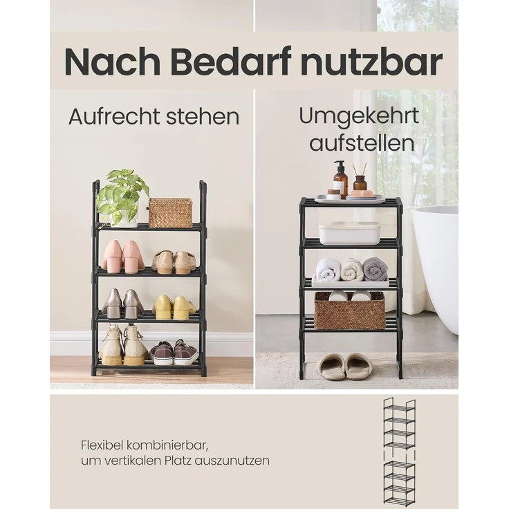 SONGMICS Schuhregal 4 Ebenen, Schuhständer Metall, Schuhaufbewahrung, Schuh-Organizer, aufrecht oder umgedreht, für 5-10 Paar Schuhe, stapelbar, Flur, 30 x 42,5 x 71,5 cm, schwarz LSA004B01 – Bild 4