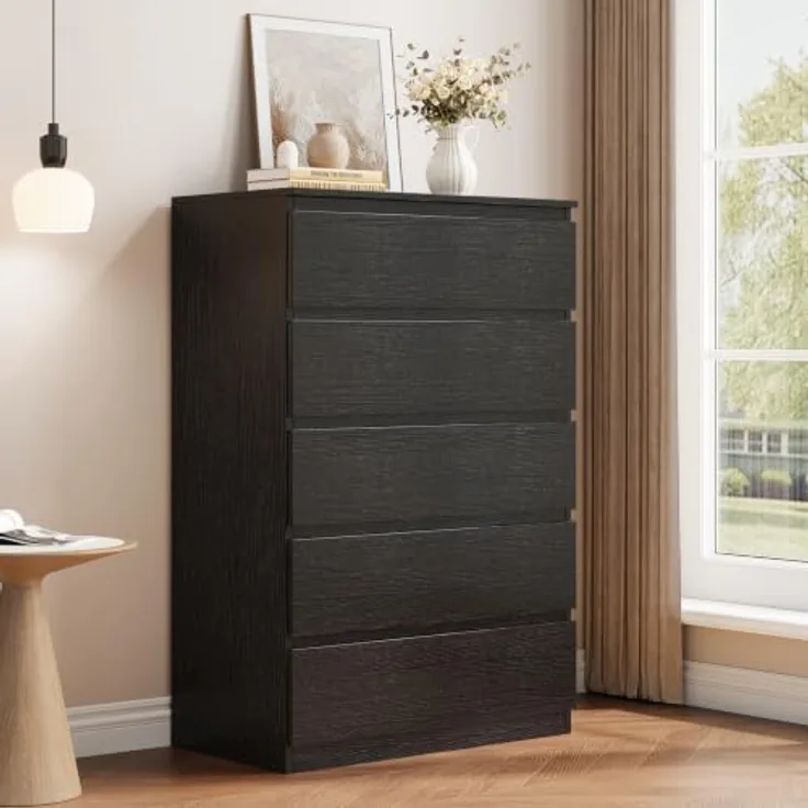 Jocoevol Kommode mit 5 Schubladen für Schlafzimmer, 60 x 39 x 100 cm, Modernes Schlichtes Design, Holzkommode mit tiefen Schubladen, für Wohnzimmer, Flur oder Eingangsbereich, Schwarz