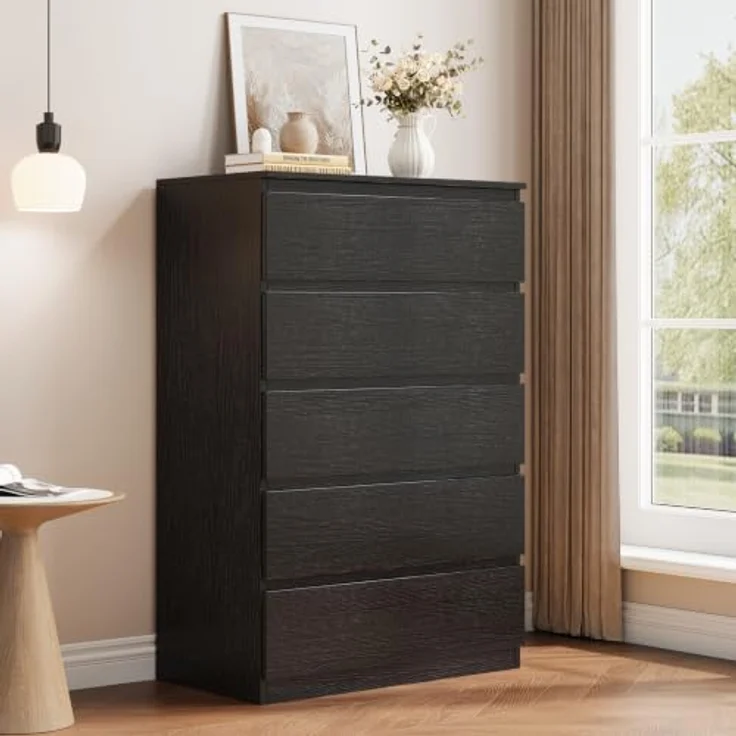 Jocoevol Kommode mit 5 Schubladen für Schlafzimmer, 60 x 39 x 100 cm, Modernes Schlichtes Design, Holzkommode mit tiefen Schubladen, für Wohnzimmer, Flur oder Eingangsbereich, Schwarz – Bild 1