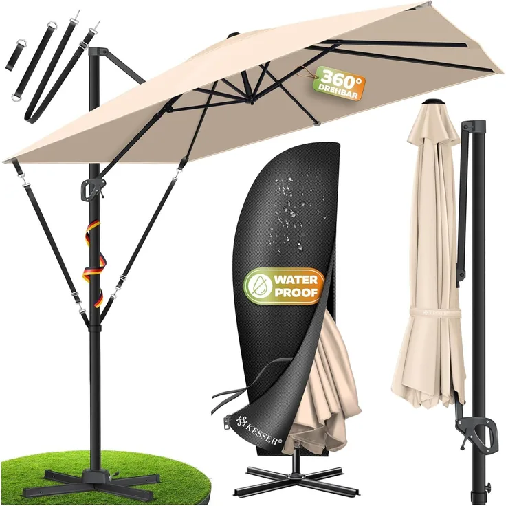 KESSER® Sonnenschirm Ampelschirm SUN XL 300 x 300 cm Inkl. Abdeckung +Windsicherung Drehbar Neigbar Kippbar Marktschirm Groß 360° Rotation, Gartenschirm mit Kurbel Sonnenschutz UV50+ Taupe, Ohne LED