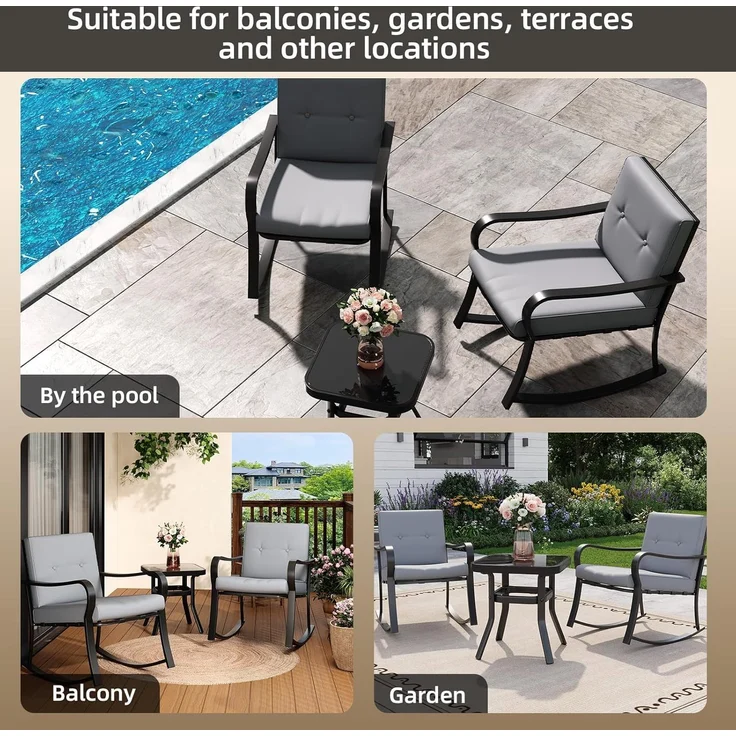 GarveeHome 3-teiliges Bistro-Set für den Außenbereich – 2 Schaukelstühle mit warmgrauen Kissen & Glastisch, Gartenmöbel-Set für Garten, Terrasse, Pool und Balkon (Grau) – Bild 6