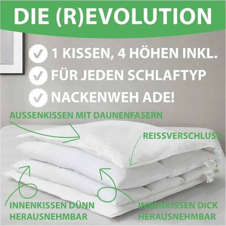 Welldora Kopfkissen Höhenverstellbar, Ergonomische Innovation: Anpassbar fest bis weich, Füllung: 100% Daunenfasern & Federn, Kissen fachärztlich geprüft, Oeko-Tex Zertifiziert in Deutschland – Bild 3