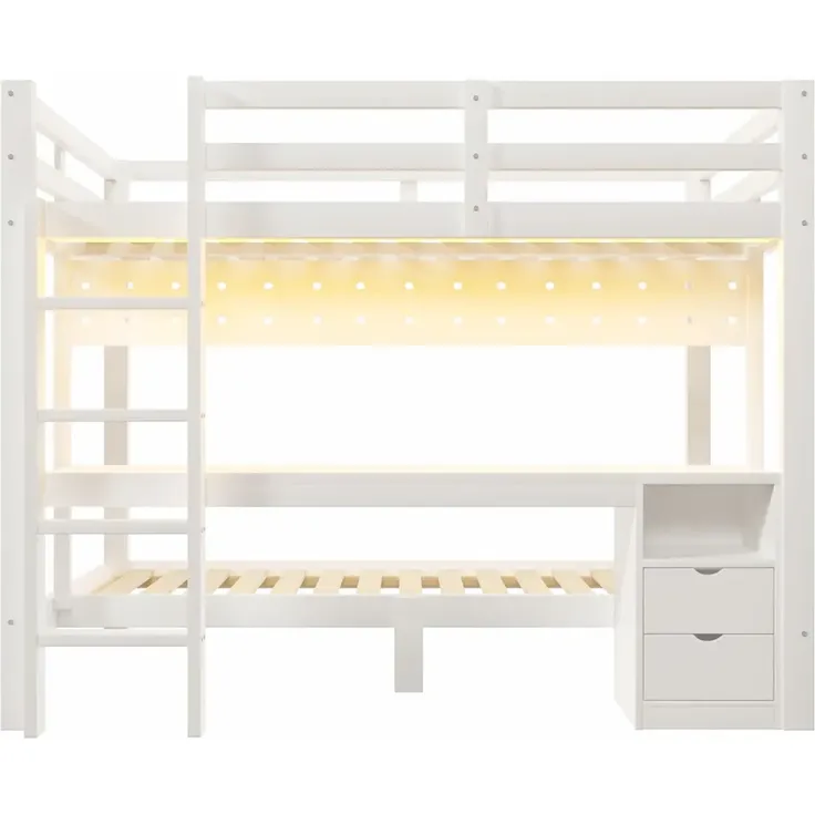 Etagenbett mit Schreibtisch, LED-Beleuchtung, Lattenrost, Wandgitter, Schubladen, Rausfallschutz, Trittleiter und Regal, 140x200 cm/90x200 cm, Kinderbett, Kiefer – Bild 7