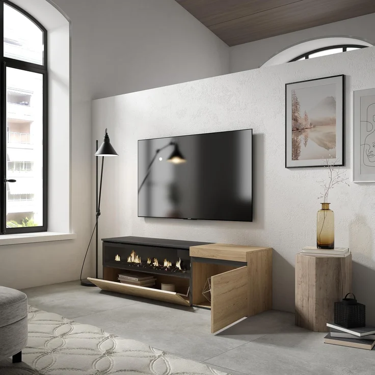 Skraut Home | TV-Schrank, Lowboard | für Wohnzimmer und Esszimmer | 150 x 45 x 35 cm | Für TV-Geräte bis zu 65" | Elektrokamin. Maße | Moderner Stil | Eiche Schwarz – Bild 4