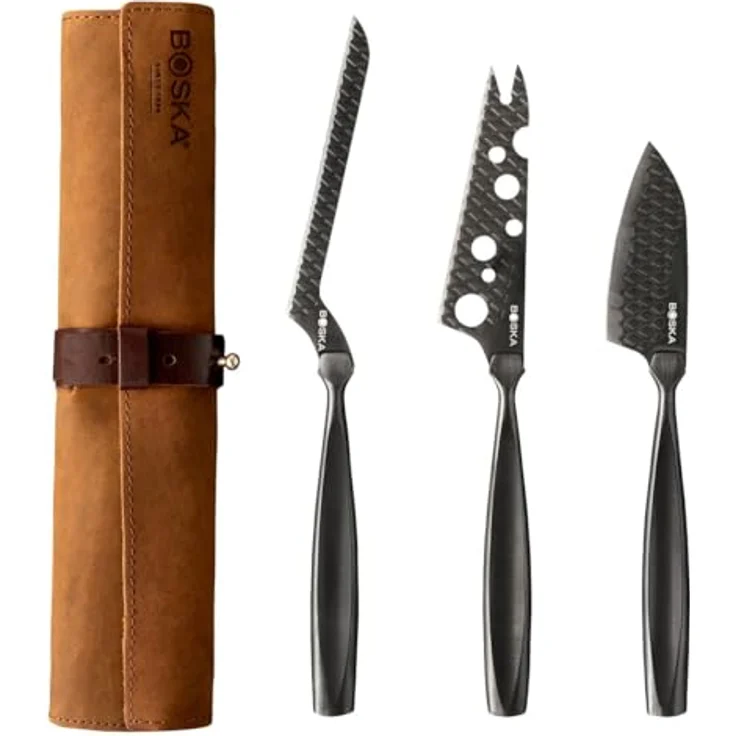 Boska Käsemesser-Set Monaco+ Schwarz, 3-tlg. mit Lederhülle, Käsemesser, Edelstahl, Schwarz, 28 cm, 307089 – Bild 2