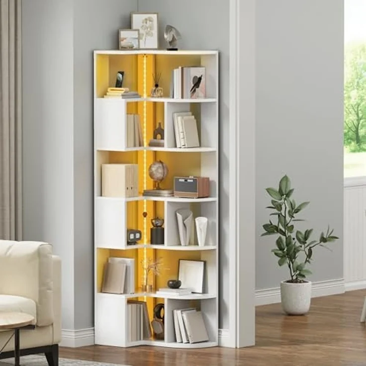 YITAHOME eckregal weiß mit Beleuchtung, 7 Etagen bücherregal, L-förmiges eckregal stehend, Corner Shelf, led Regal für Büro, Arbeitszimmer, Wohnzimmer, Schlafzimmer, L64 × W41.5 × H180 cm – Bild 3