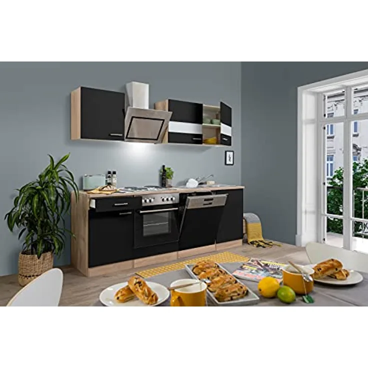 Respekta Küchenzeile Merle KB220ESSS, Schwarz 220 cm mit Einbauspüle und Elektrogeräten, Soft-Close Funktion