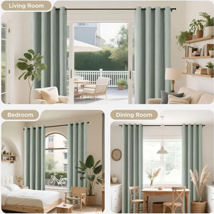 Joydeco Verdunkelungsvorhänge, 305 cm lang, extra lang, Verdunkelungsvorhänge für Wohnzimmer, Schlafzimmer, Leinenstruktur, Raumverdunkelungsvorhänge für Fenster mit Ösen, Salbeigrün (132 x 305 cm, – Bild 7