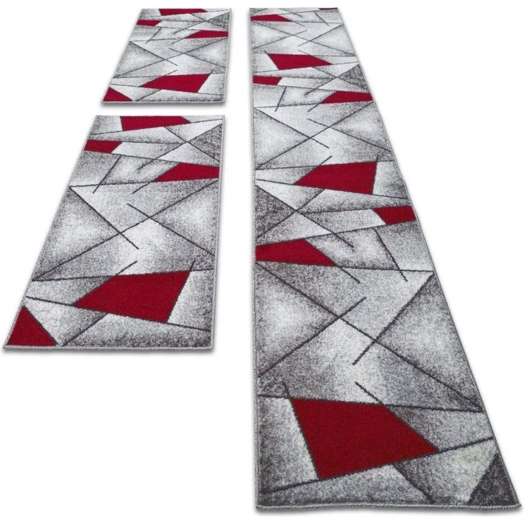 oKu-Tex Bettumrandung 3 teilig, Läufer (67 x 340 cm) + Brücken (2 x 67 x 140 cm), Kurzflor, (Set 3 teilig, 3-tlg), Teppich Schlafzimmer Bettvorleger Set schmal gewebt rot meliert – Bild 3