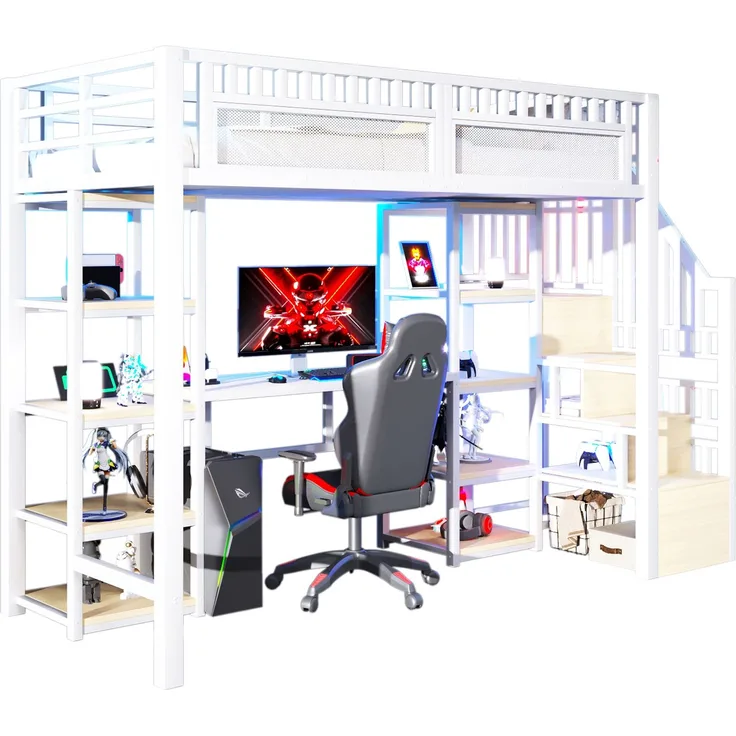 Hochbett 90 x 200 cm mit Eisenrahmen, Ablagefach, Leiter mit Stauraum, Schreibtisch, LED-Lichtleiste, USB-Anschluss, ohne Matratze, Weiß