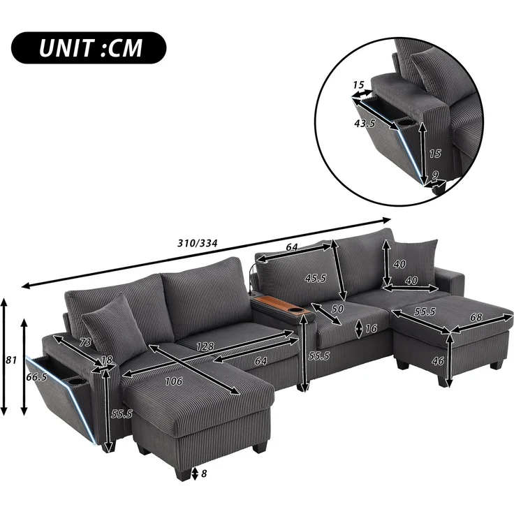 U-förmiges Sofa 334x128,5x81 cm in Grau, Cord, mit USB/Type-C, Leselampe, Stauraum und LED-Armlehnen – Bild 5