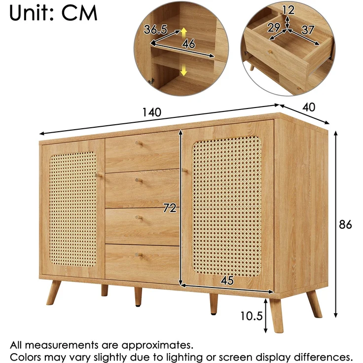 DESVIAE Sideboard mit 4 Schubladen und 2 Türen 140x86x40 cm aus Spanplatte und MDF, helle Eiche – Bild 10
