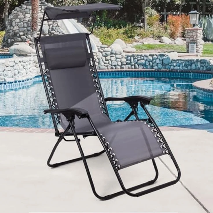 Todeco Liegestuhl klappbar mit Sonnenschutz, Sonnenstuhl mit abziehbare Kissen, Max Belastbarkeit 100kg, Strandliegestuhl leicht, Grau – Bild 1