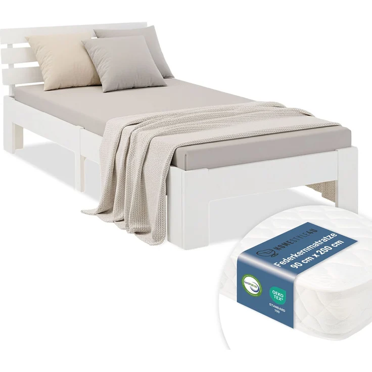 Holzbett 90x200 mit Federkernmatratze und Lattenrost Bett Jugendbett Einzelbett Holzbettrahmen Weiß Massiv Holz – Bild 1