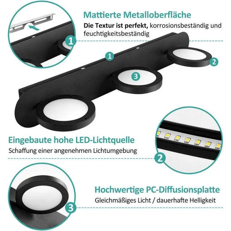 EMKE LED Wandleuchte Spiegelleuchte 3 Schwenkbar flammig 4000K Neutralweiß Licht, LED fest integriert, Neutralweiß, L: 50cm IP20 für Schlafzimmer, Wohnzimmer Schwarz mattiert – Bild 2