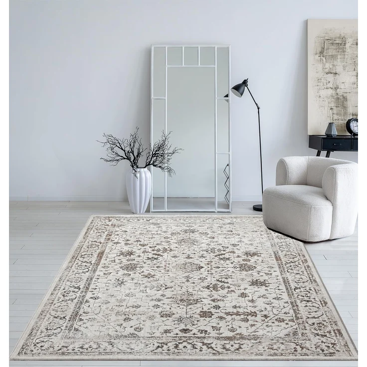 Mia's Teppiche Cielo Moderner Dichter Kurzflor Teppich, Wohnzimmer, Schlafzimmer, Eleganter Glanz, Glanzfaser, Hoch-Tief Effekt, Feder, Creme, 140 x 200 cm