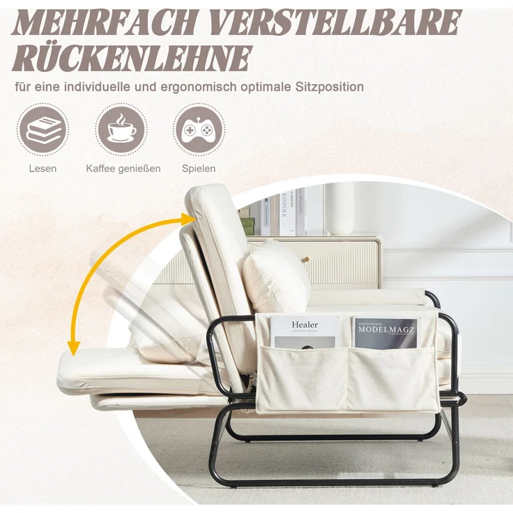 ZUBALIYA Schlafsofa 85x92 cm, mit Stauraum, mit Chenille - Bezug, mit breiten Armlehnen, mit Schaumstoffpolsterung, Beige – Bild 2