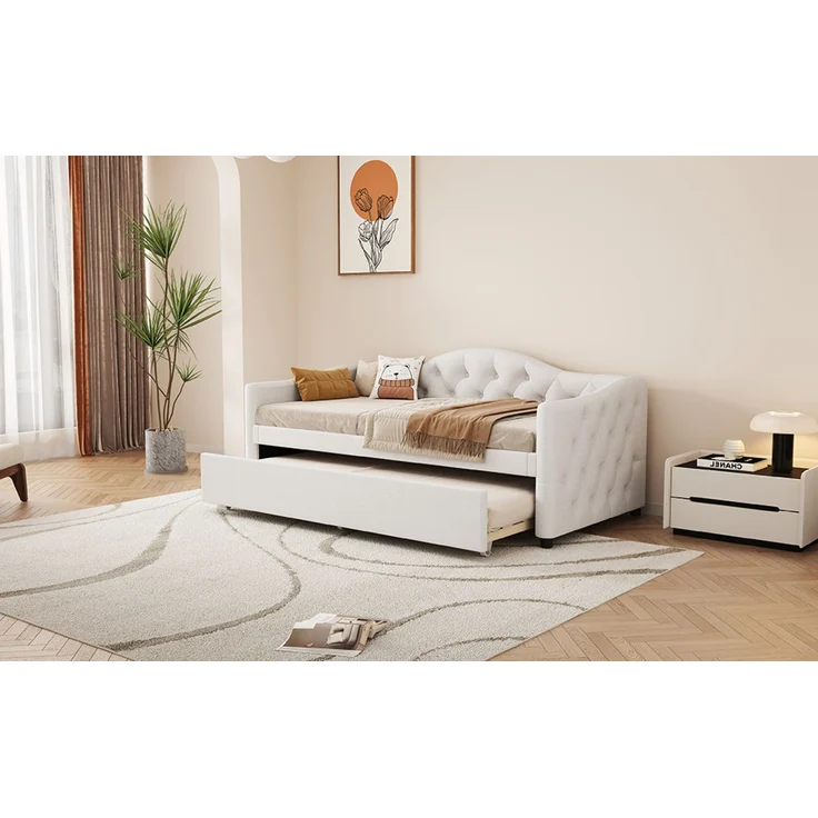 Merax Daybett, 90x200cm Tagesbett mit ausziehbarem Bett,Schlafsofa, Einzelbett(Ohne Matratze), Leinen, minimalistisches Styling, beige – Bild 6