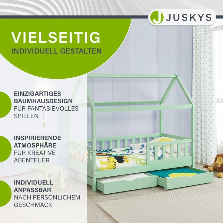Juskys Kinderbett Marli 90 x 200 cm mit Matratze, Bettkasten, Rausfallschutz, Lattenrost & Dach - Massivholz Hausbett für Kinder - Bett in Mint – Bild 2