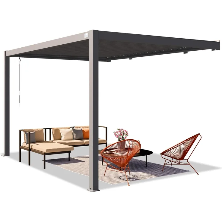 PRIMEYARD Terrassenüberdachung 3x4 m Aluminium-Pfosten mit Lamellendach aus Stahl anthrazitfarbene Anbau-Pergola