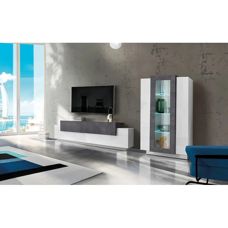 Wohnwand >Catania< in Weiß-Hochglanz Schiefer Nachbildung - 290x120,5x45 (BxHxT)
