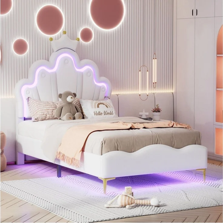 Flieks Polsterbett, LED Kinderbett Einzelbett mit krone-Form Prinzessinnenbett 90x200cm – Bild 2