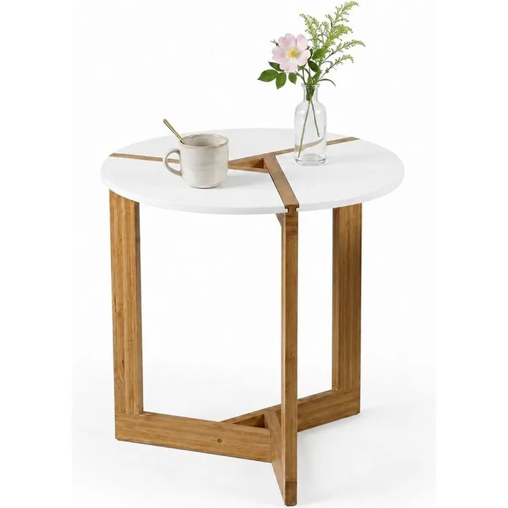 HOOZ Beistelltisch Bambus Sofatisch rund – Couchtisch Set Wohnzimmer Weiß-Natur Ø 50 cm (Einzelteil, 1-St, bestehend aus einem Kaffeetisch), Stilvoller Satztisch aus Bambus für Wohnzimmer und Schlafzimmer