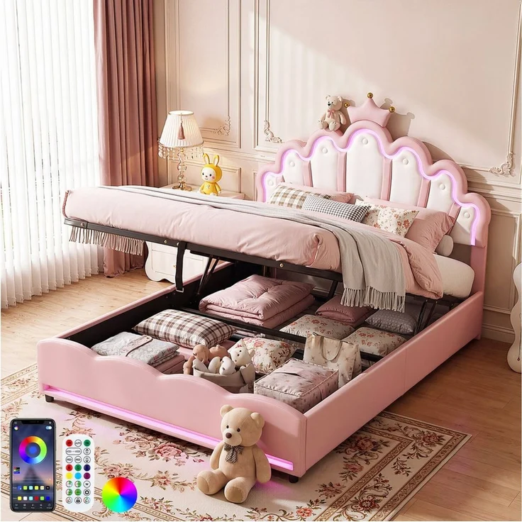 oyajia Polsterbett LED Kinderbett mit krone-Form Prinzessinnenbett (PU-Leder material Polsterbett mit Lattenrost und verstellbares gepolstertes Kopfteil), Modernes Jugendbett, Leises Design, Einfach zu montieren und stabil – Bild 1