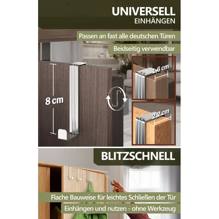 Aurelia Home Türhaken zum Einhängen, 4er-Set, Silber – für Türen und Schranktüren, bis 8 kg – Bild 4