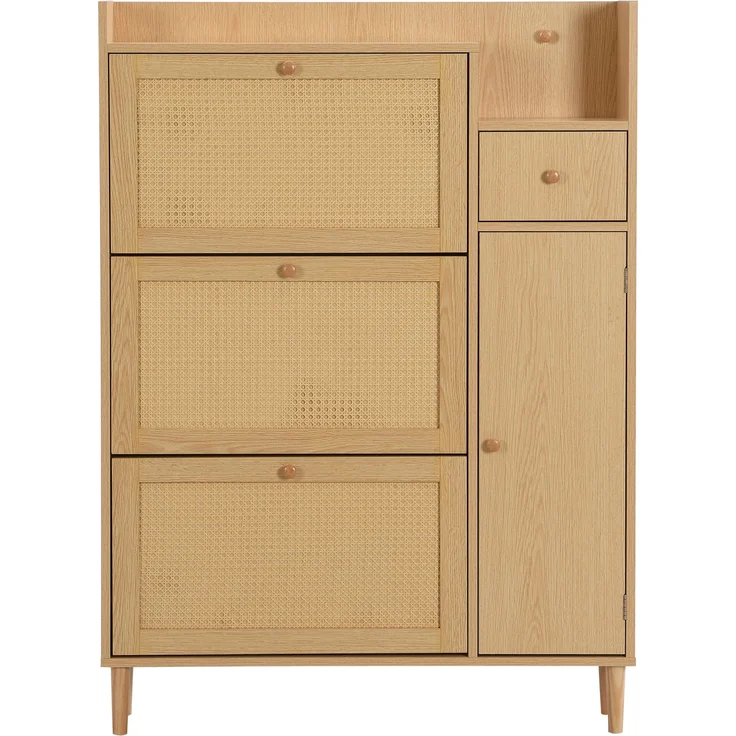 Merax Schmal Schuhschrank mit 3 Klappen, Rattan Schuhschrank Schuhkipper mit Schublade und Tür, Schuhkommode mit Verstellbarer Ablage, Naturbelassen – Bild 9