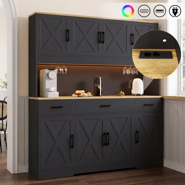 Flieks Küchenbuffet Hochschrank mit Arbeitsplatte Natur, Steckdose, Gläserhalter, LED (B150xT40xH180 cm, 1-St, Multifunktionsschrank mit Lichtstreifen, Ladenfunktion) Mehrzweckschrank Küchenschrank mit verstellbarer Ablagen Schwarz