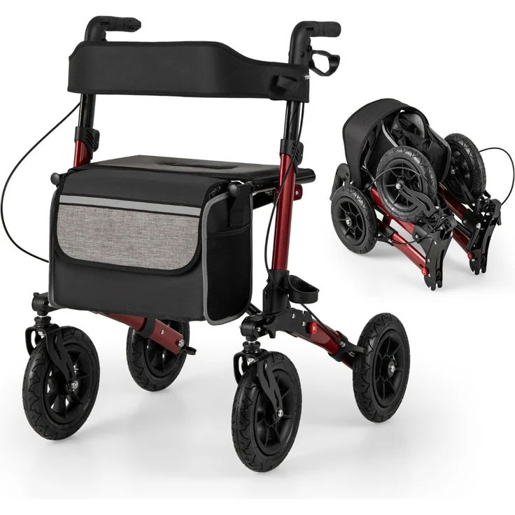 Rollator mit Luftbereifung faltbar und leicht mit Sitz Aluminium bis 140 kg 2 in 1 Rollstuhl Rot – Bild 1