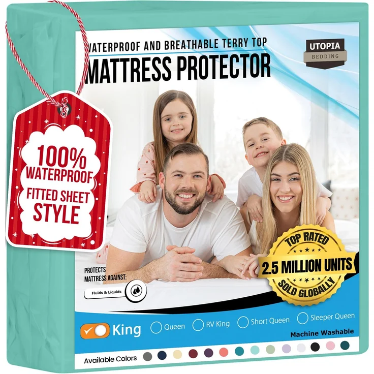 Utopia Bedding Wasserdichter Matratzenschoner für King-Size-Bett, Premium-Frottee-Matratzenbezug, 200 g/m², atmungsaktiv, Spannbetttuch mit dehnbaren Taschen, Spa-Blau