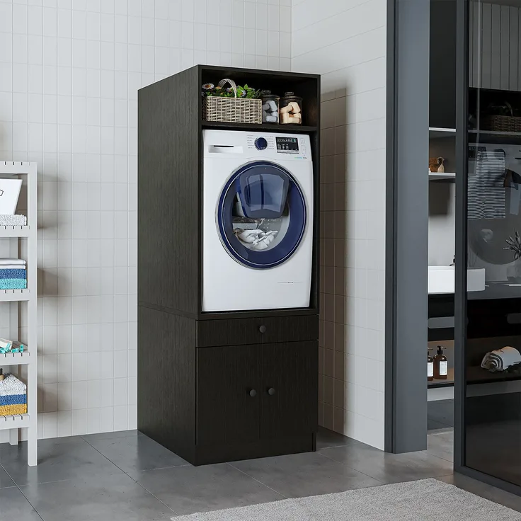 Roomart Waschmaschinenschrank SERIE 1 – 65 cm breit mit Ausziehbrett, Waschmaschinen-Überbauschrank für Waschküche & Bad • Schwarz-Eiche